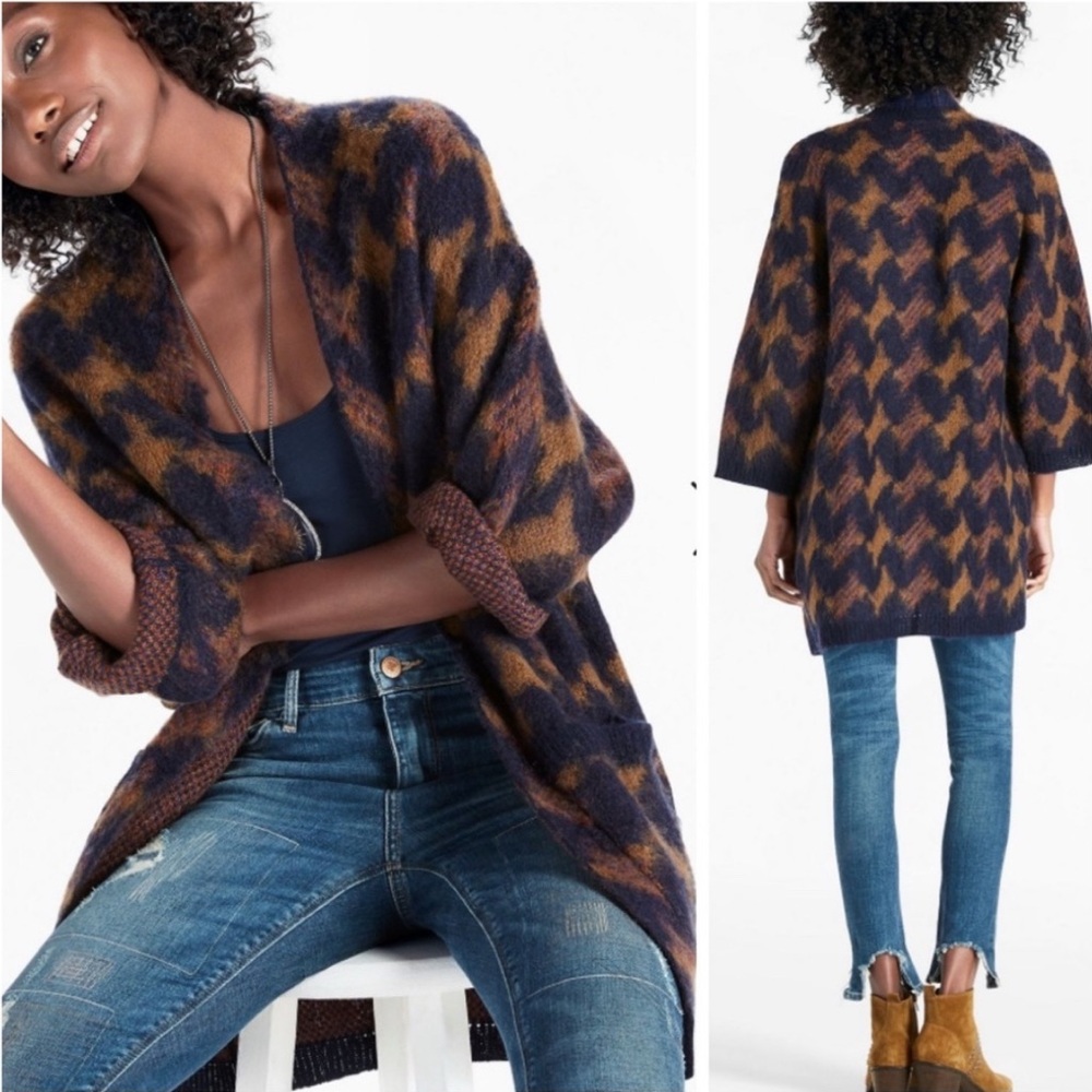Lucky Brand Wool Blend Boho Longline lona Cardigan Brown/Navy Size Small